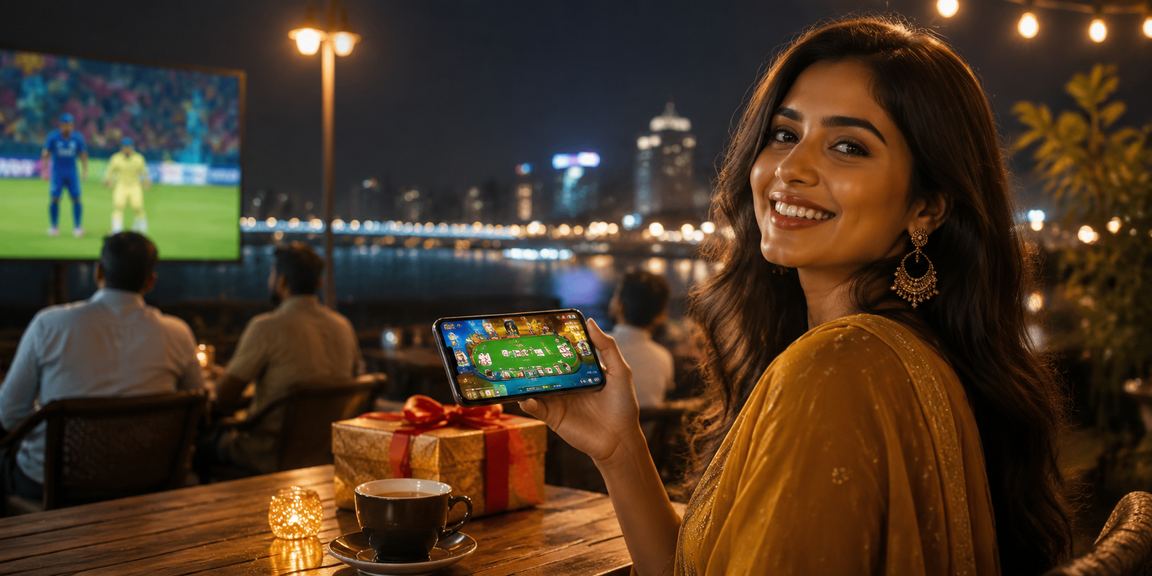 Indian player enjoying Andar Bahar game on a mobile device at Ahmedabad riverfront