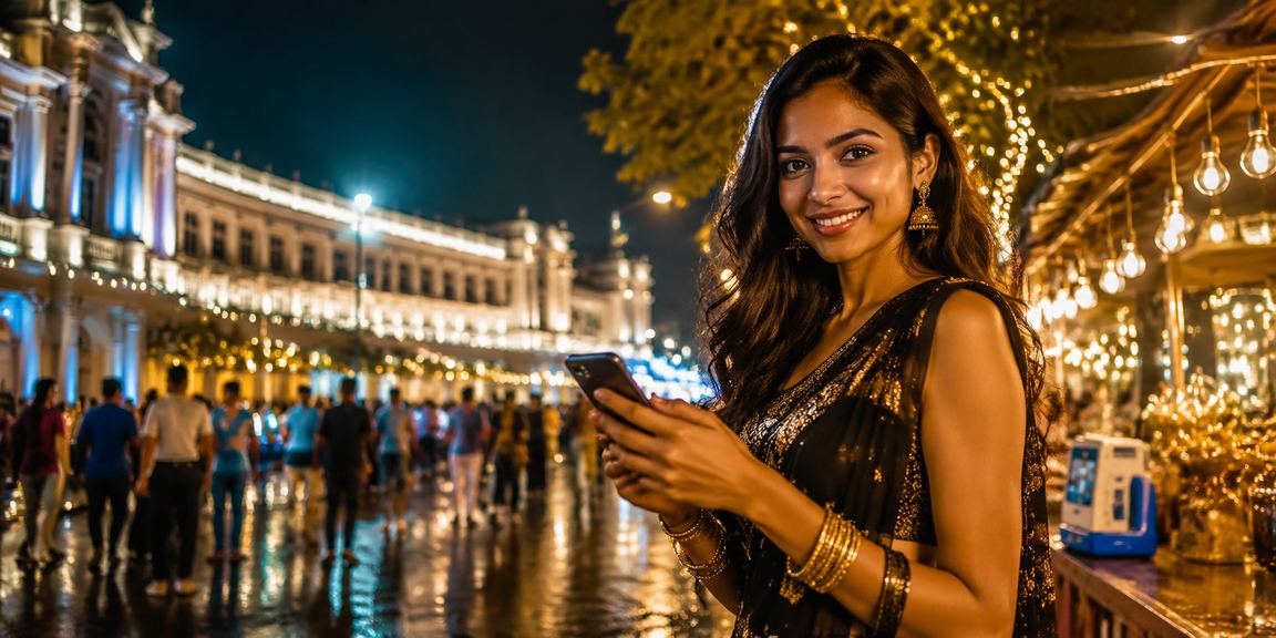 Delhi Connaught Place vibrant night market with mobile payments