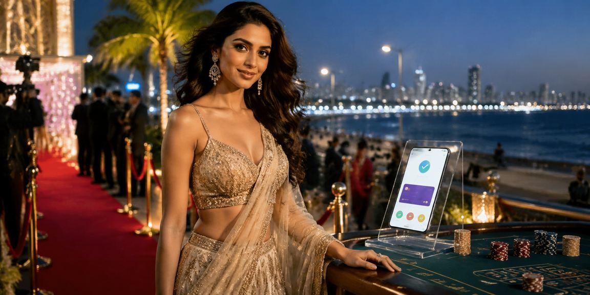 Mobile payment usage by Marine Drive Mumbai at night with festive lights